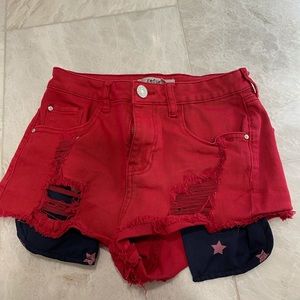 red jean shorts